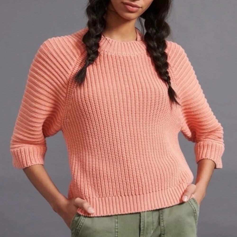 Anthropologie Maeve Mackenzie Pastel Coral Pink Ribbed Chunky Oversize Sweater S